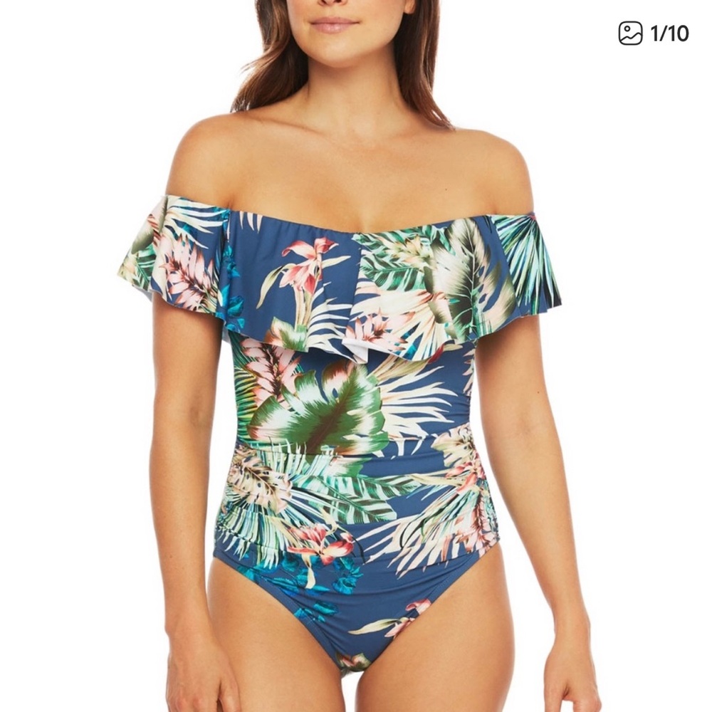 La Blanca Tropical Rain Blue Tropical Off Shoulder Swimsuit Size 8 EUC